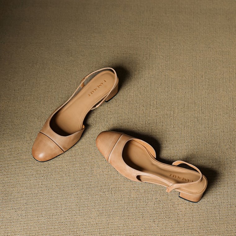Cap-Toe Slingback Workwear Heels in Camel