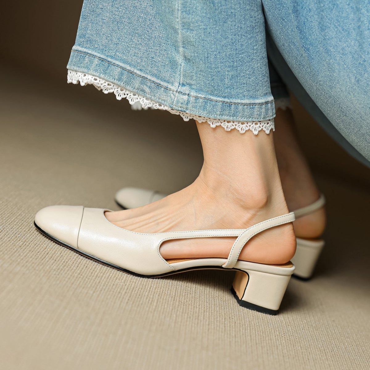 Cap-Toe Slingback Workwear Heels in Cream
