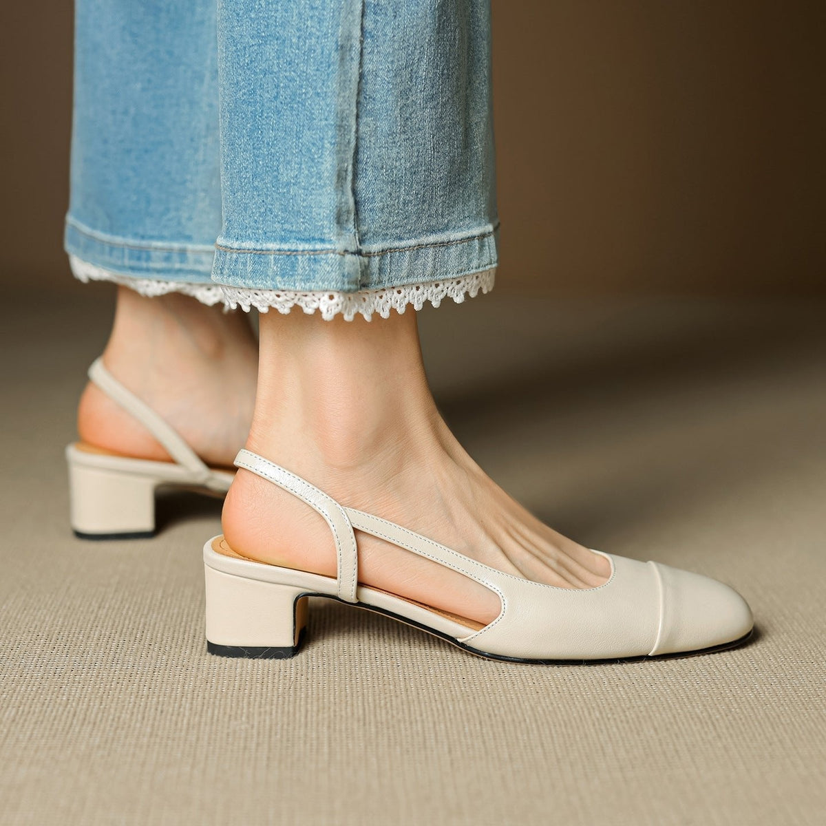 Cap-Toe Slingback Workwear Heels in Cream