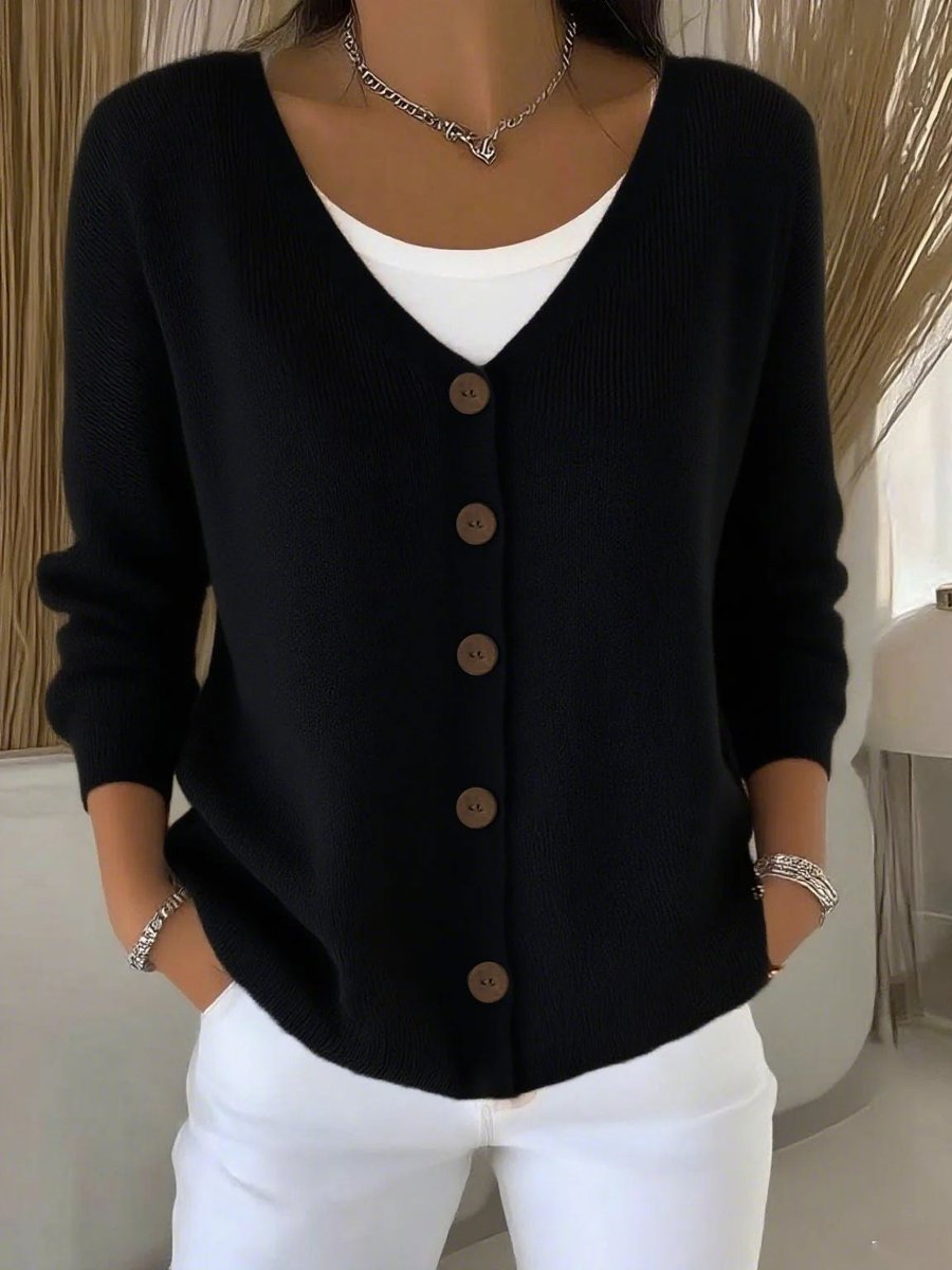 Women's Button-Front V-Neck Casual Cardigan in Black