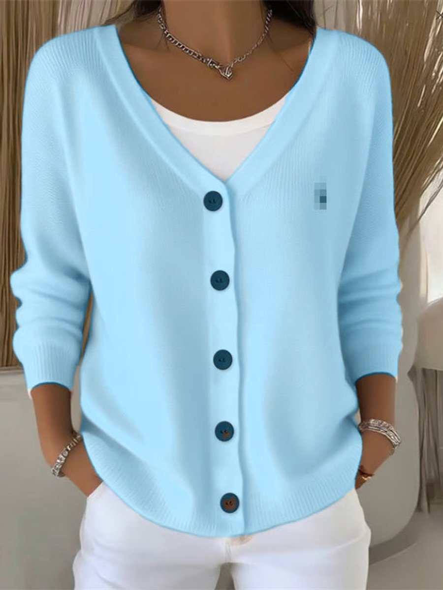 Women's Button-Front V-Neck Casual Cardigan in Light Blue