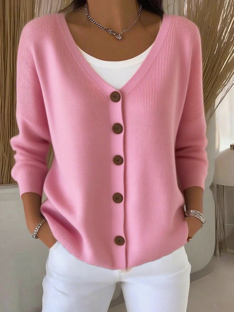 Women's Button-Front V-Neck Casual Cardigan in Pink