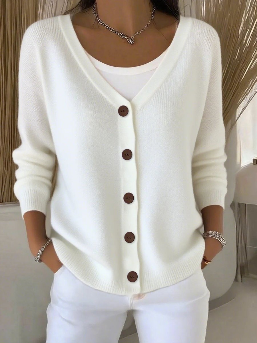 Women's Button-Front V-Neck Casual Cardigan in White