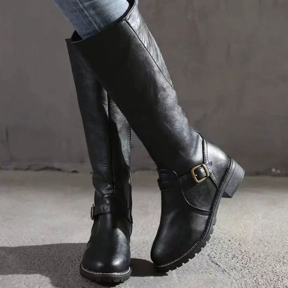 Women's Buckle Casual Knee High Boots in Black