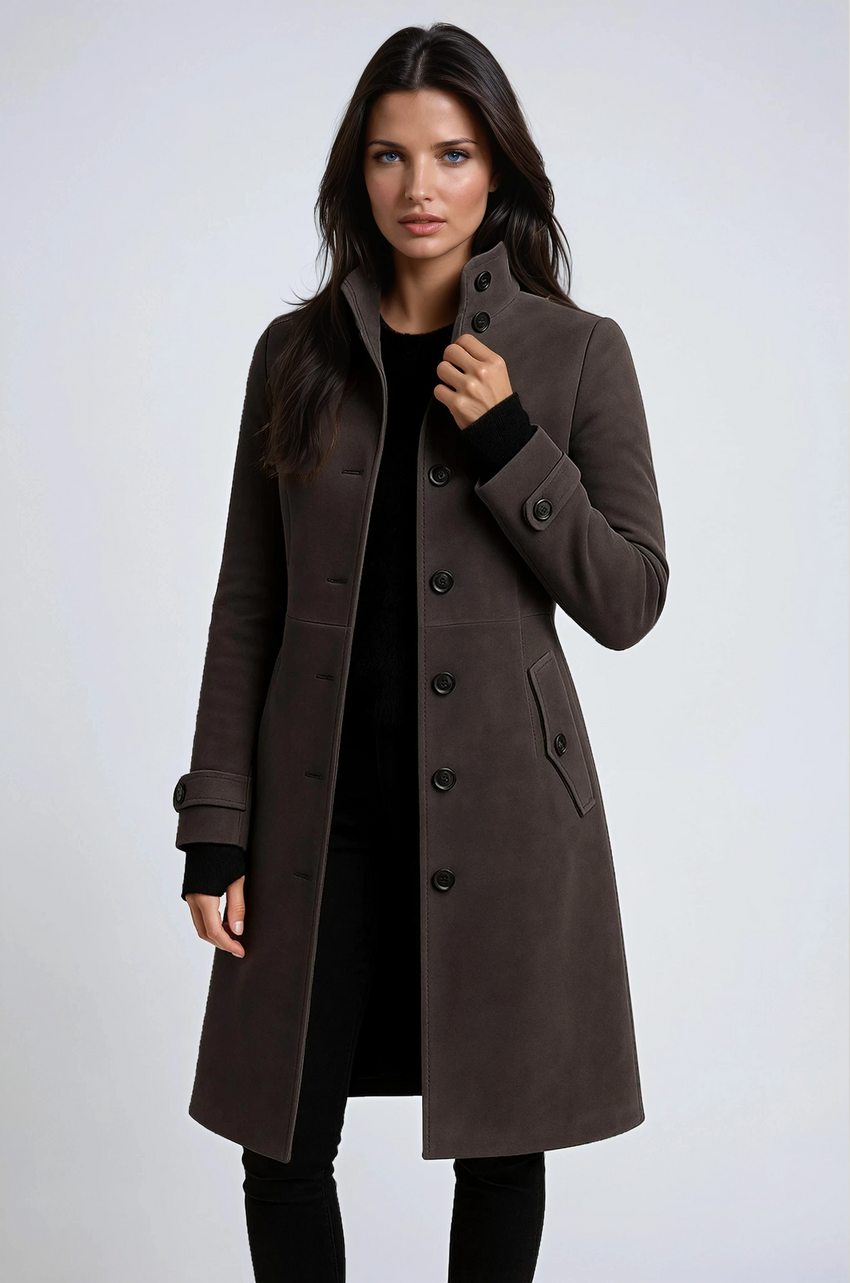Women's Stand-Collar Casual Coat in Dark Brown