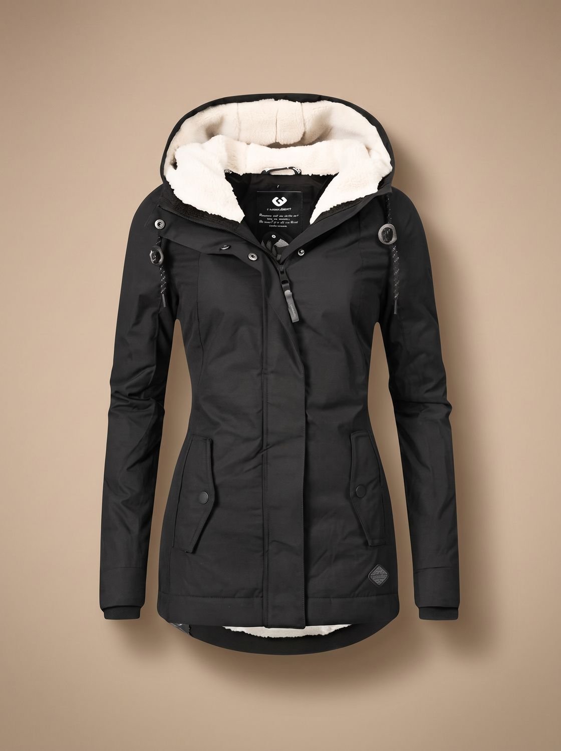 Women's Zip-Front Hooded Casual Coat in Black