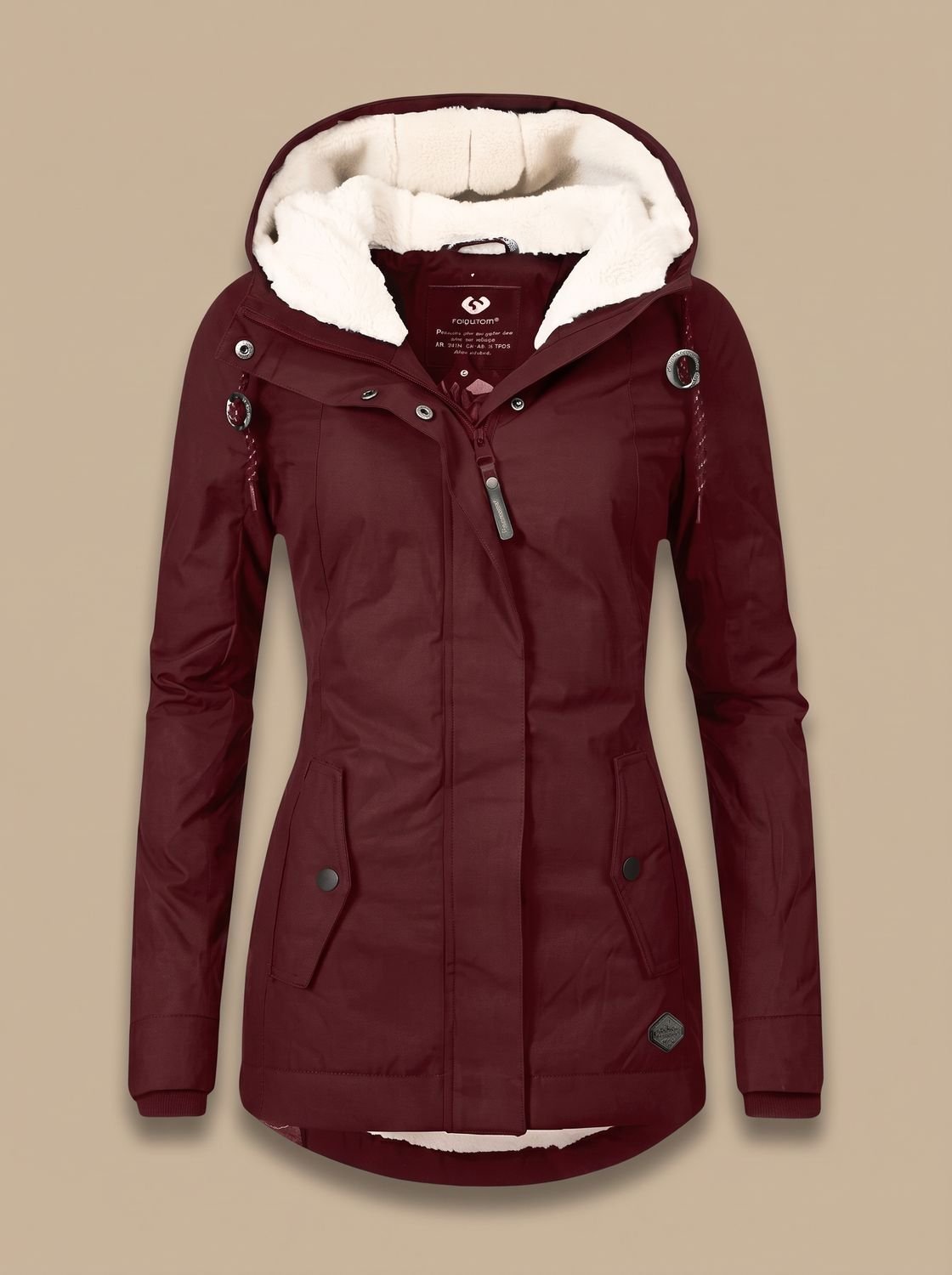 Women's Zip-Front Hooded Casual Coat in Burgundy