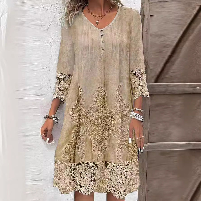 Button V-Neck Lace-Hem Casual Mini Dress in Khaki