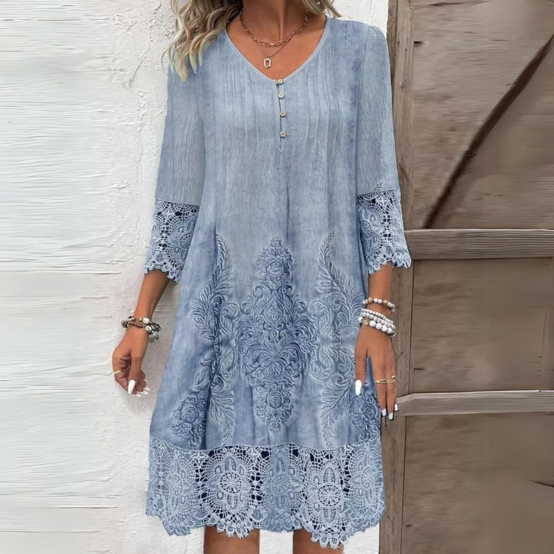 Button V-Neck Lace-Hem Casual Mini Dress in Light Blue