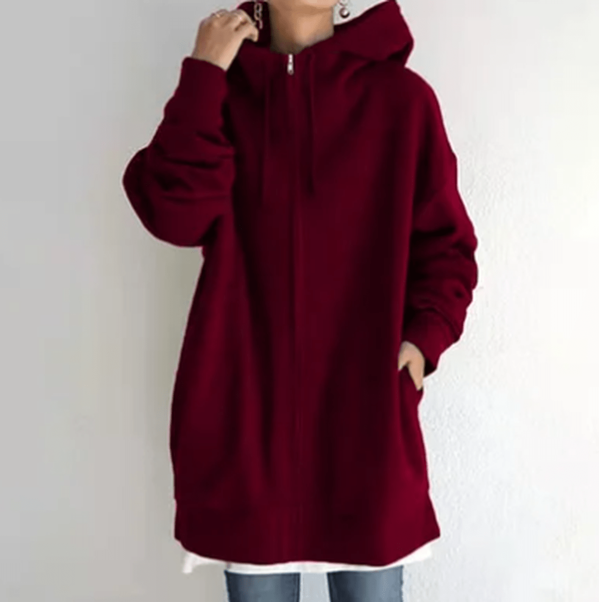 Women's Oversized Zip-Up Casual Hoodie in Burgundy