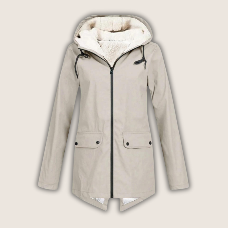 Women's Zip-Front Hooded Casual Coat in Beige