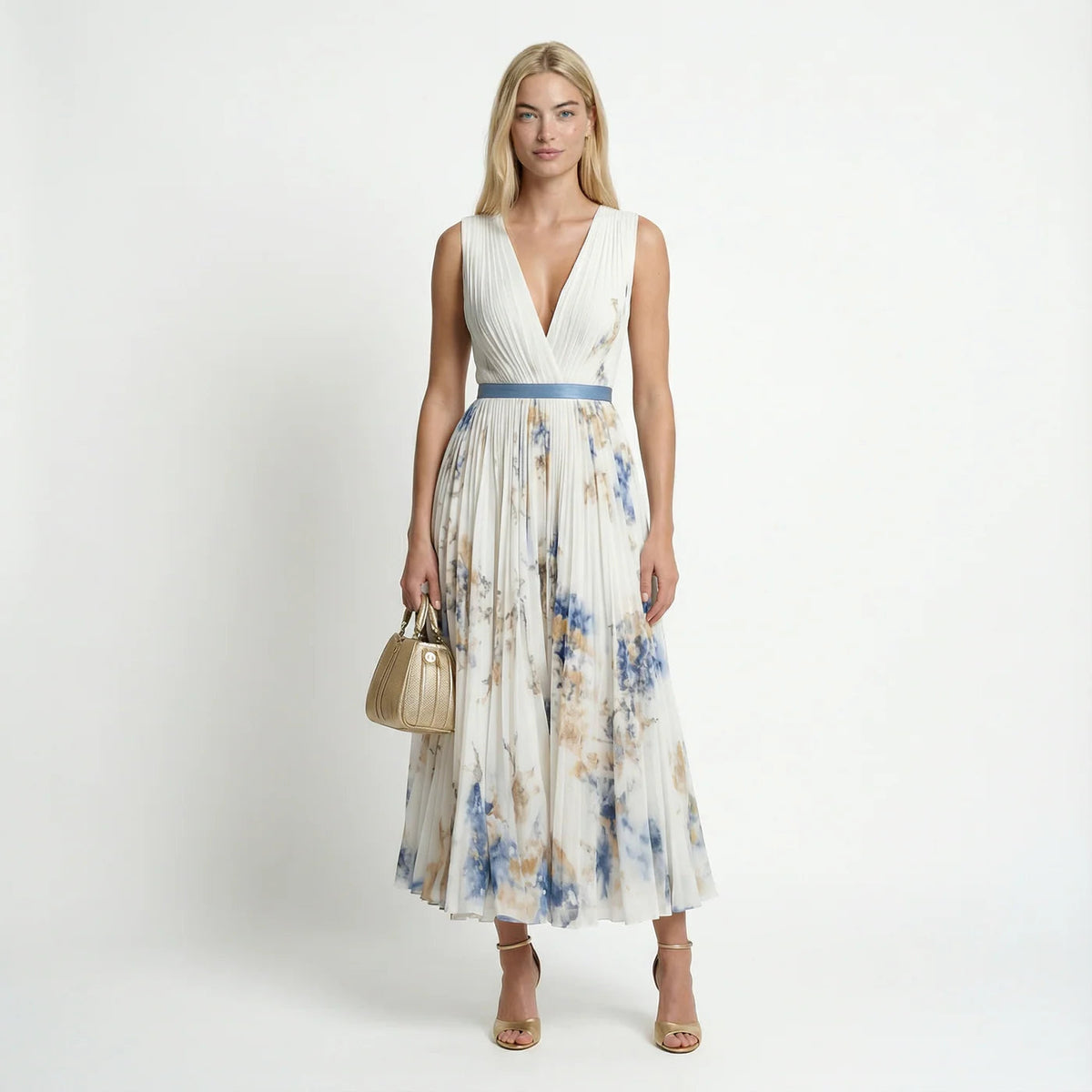 Pleated Wedding Guest Maxi Dress in White