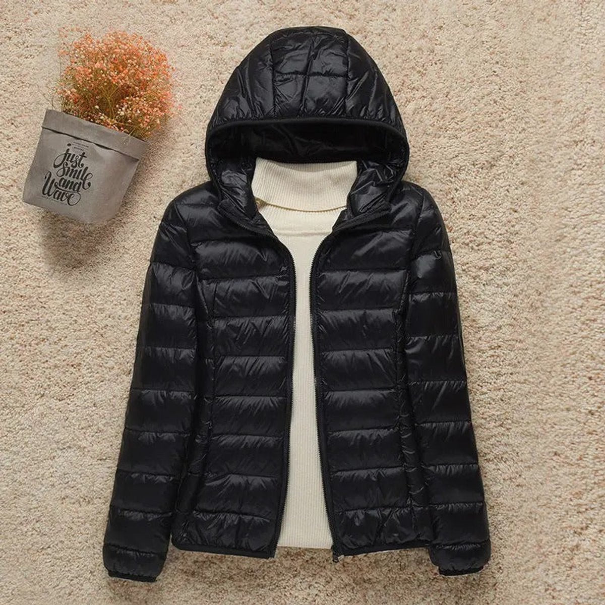 Women's Hooded Quilted Zip-Front Casual Jacket in Black