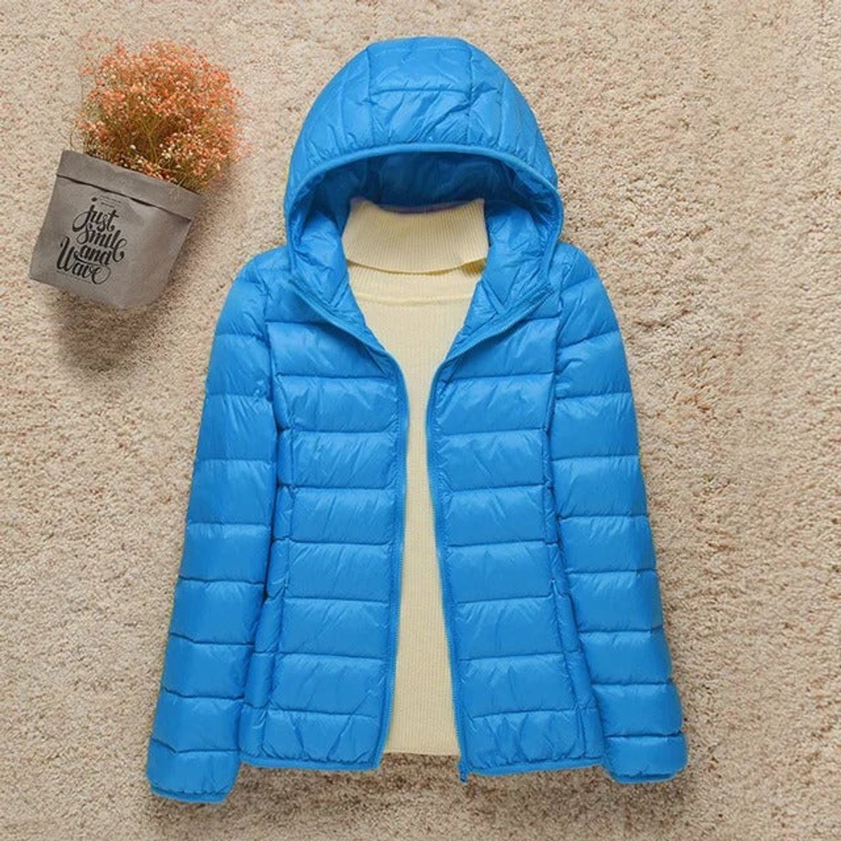 Women's Hooded Quilted Zip-Front Casual Jacket in Blue