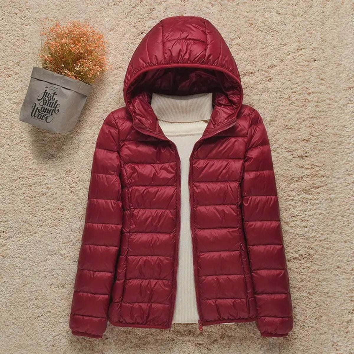 Women's Hooded Quilted Zip-Front Casual Jacket in Burgundy