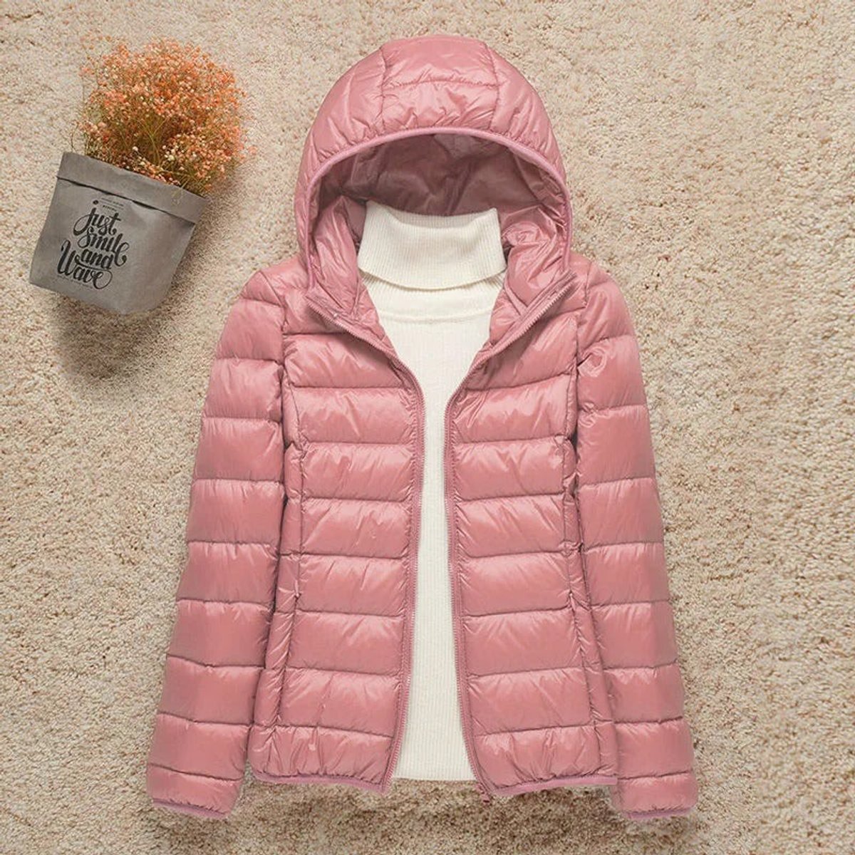 Women's Hooded Quilted Zip-Front Casual Jacket in Dusty Rose