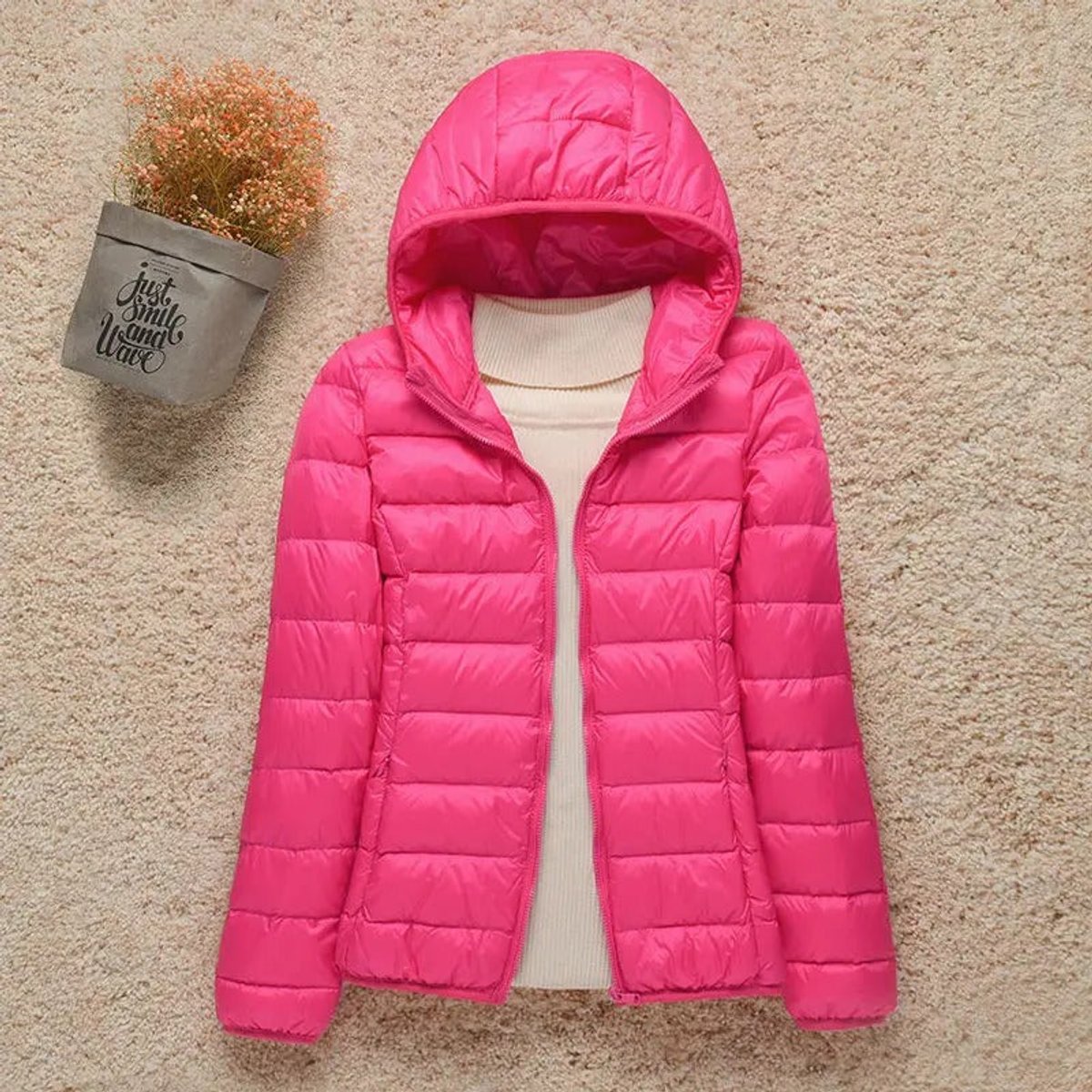 Women's Hooded Quilted Zip-Front Casual Jacket in Fuchsia