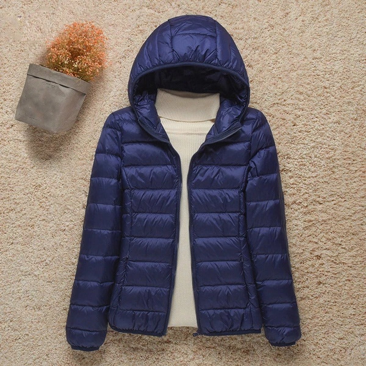 Women's Hooded Quilted Zip-Front Casual Jacket in Navy