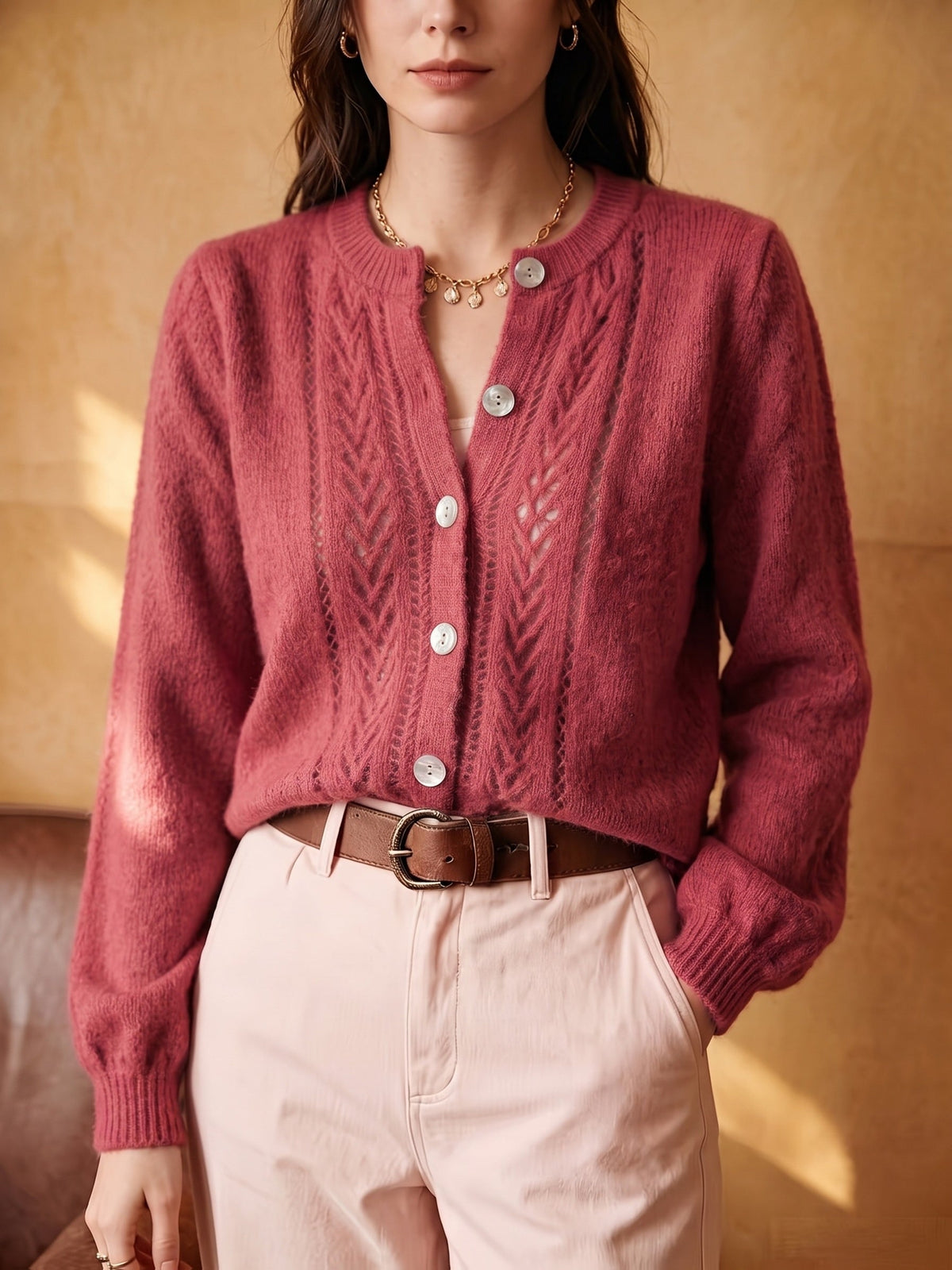 Women's Button-Front Casual Cardigan in Dusty Rose