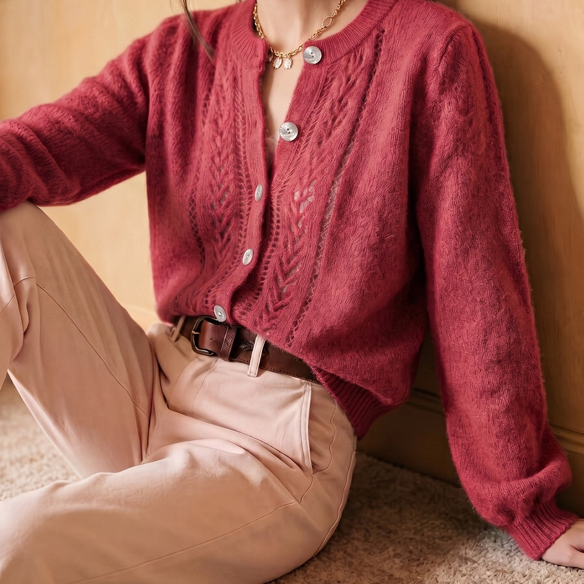 Women's Button-Front Casual Cardigan in Dusty Rose