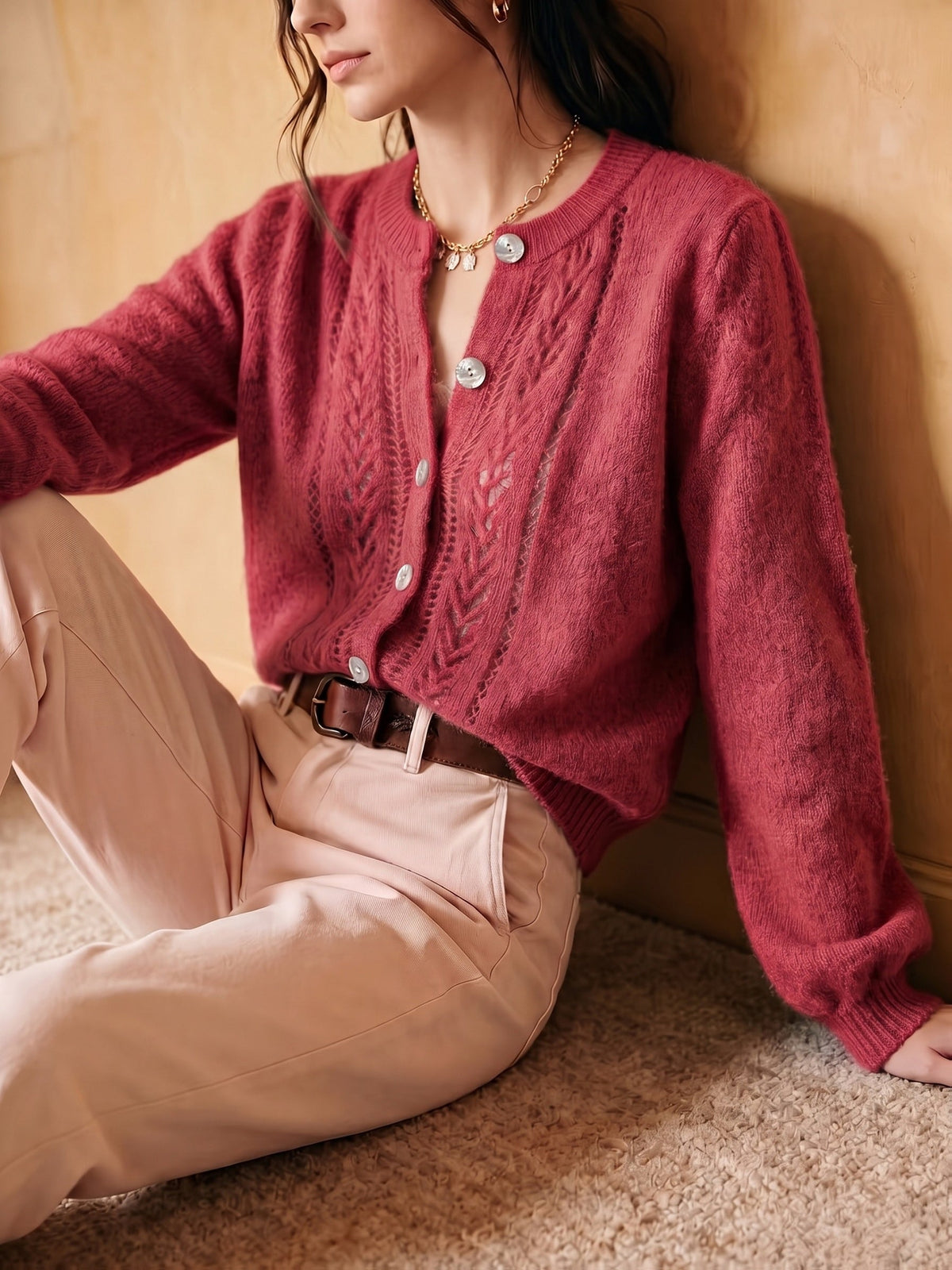 Women's Button-Front Casual Cardigan in Dusty Rose