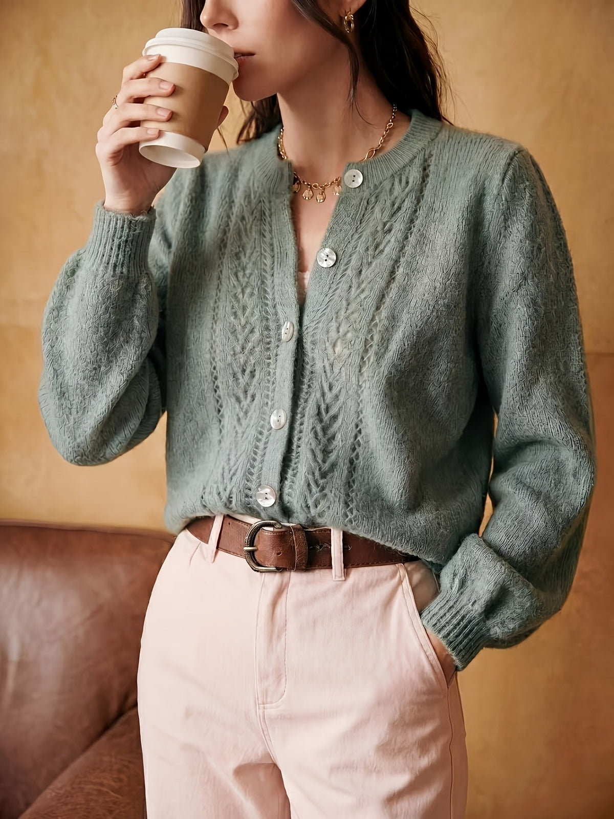 Women's Button-Front Casual Cardigan in Sage