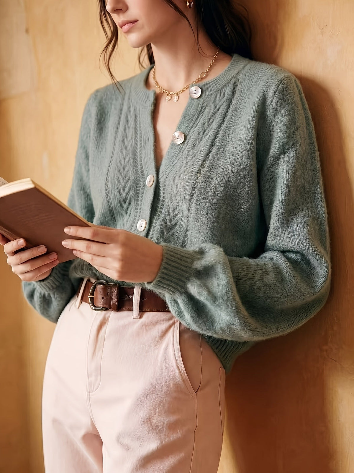 Women's Button-Front Casual Cardigan in Sage