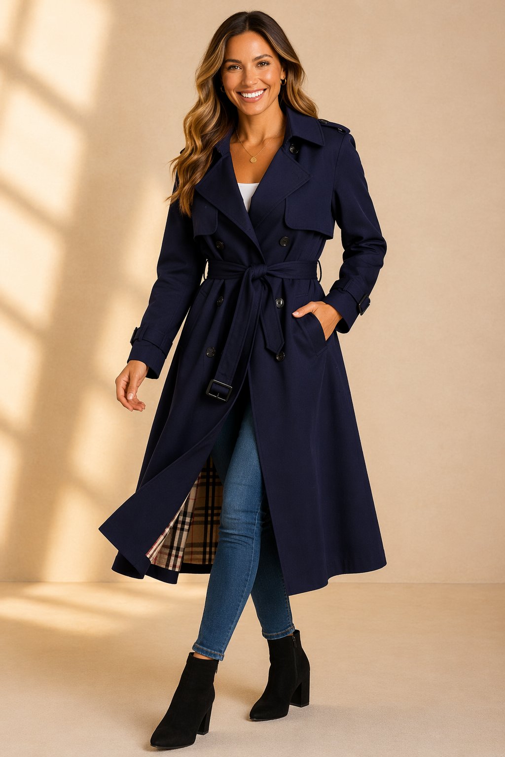 Women's Double-Breasted Casual Coat in Navy