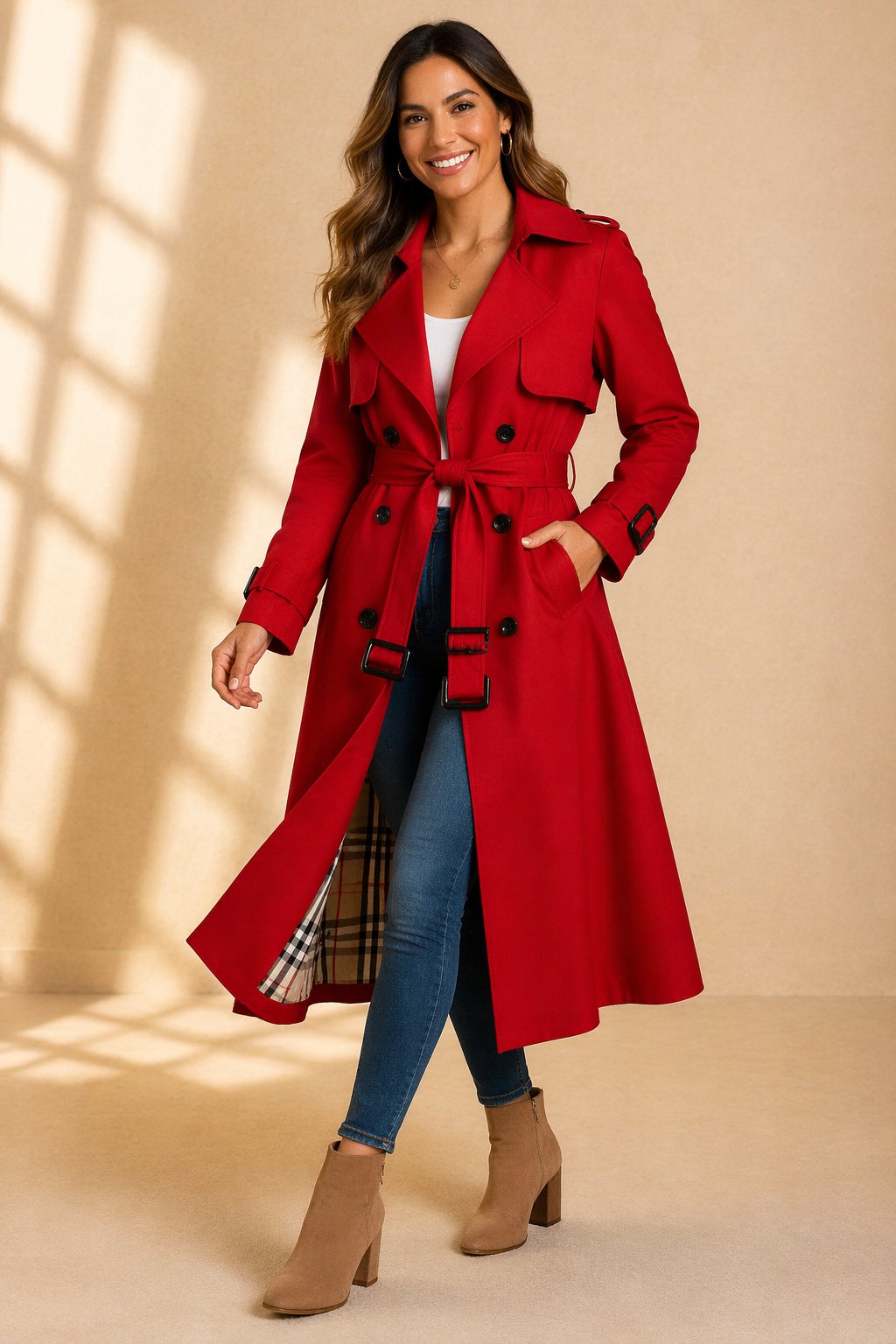 Women's Double-Breasted Casual Coat in Red