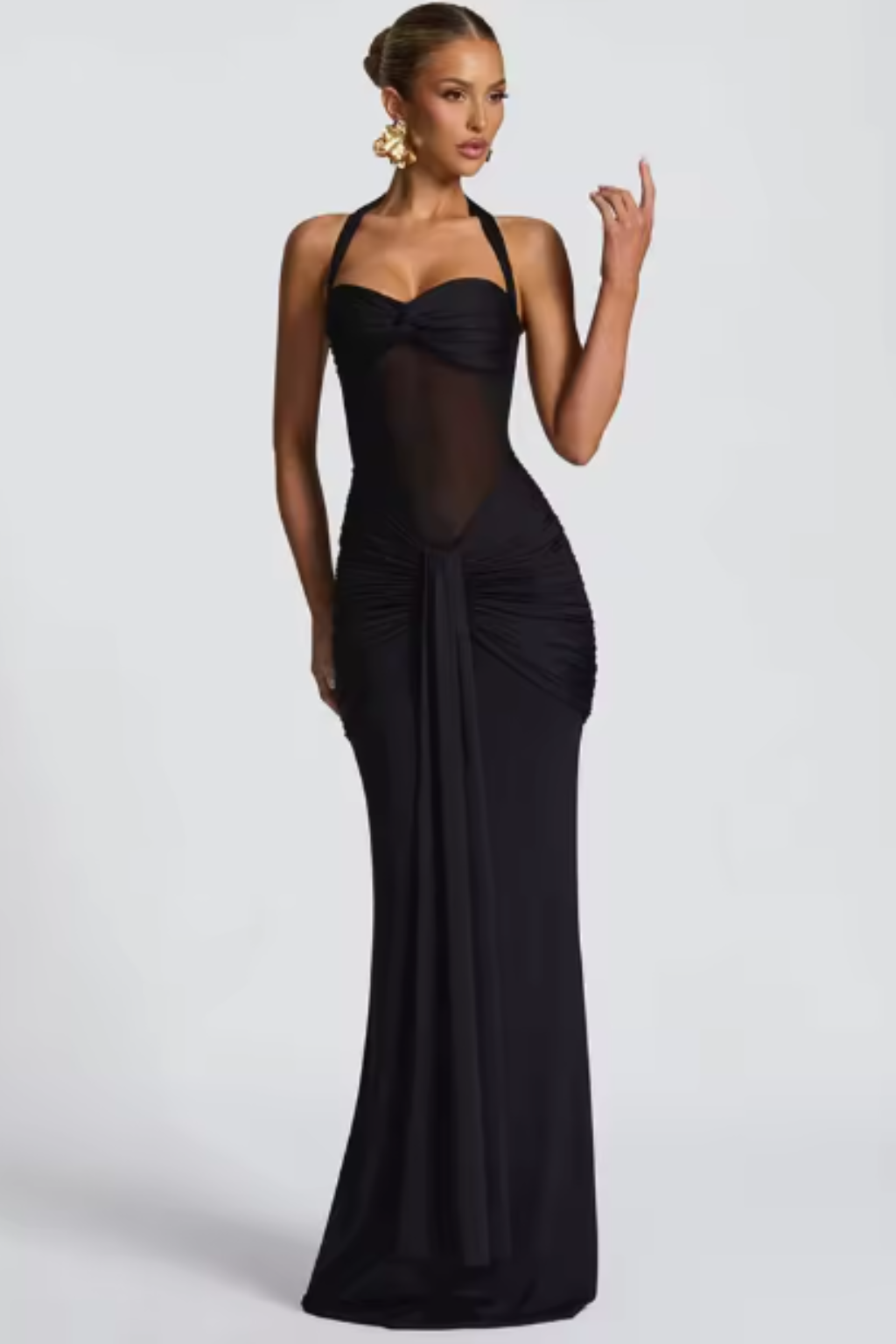 Draped Halter Evening Maxi Dress in Black