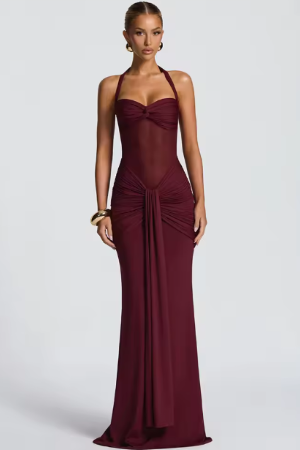 Draped Halter Evening Maxi Dress in Burgundy