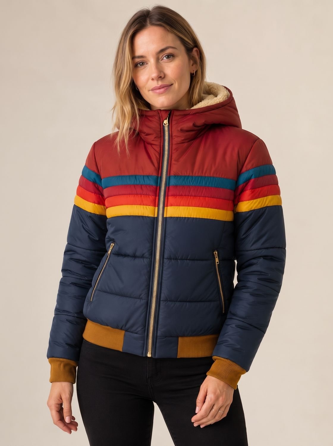 Women's Quilted Hooded Zip-Front Casual Jacket in Navy