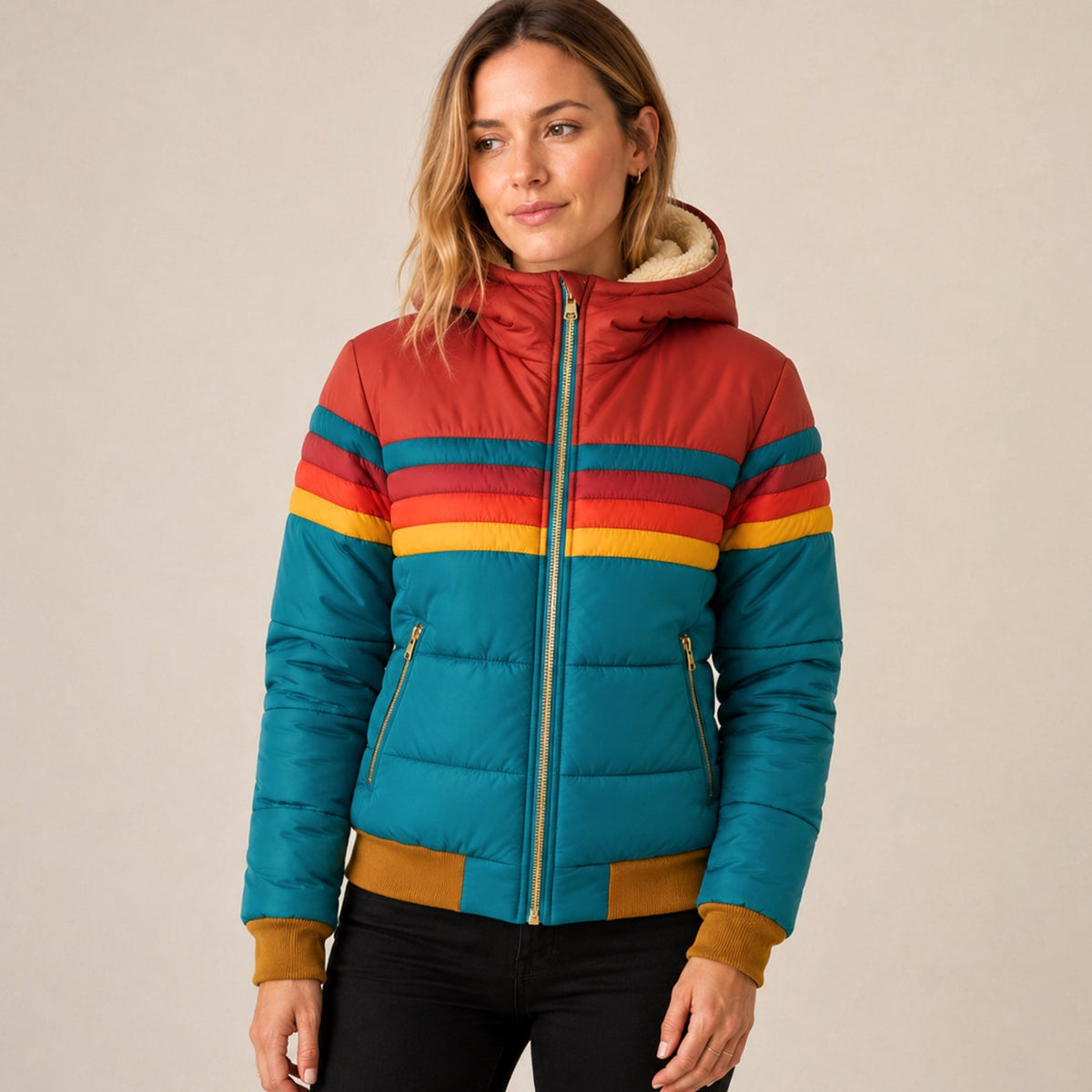 Women's Quilted Hooded Zip-Front Casual Jacket in Teal