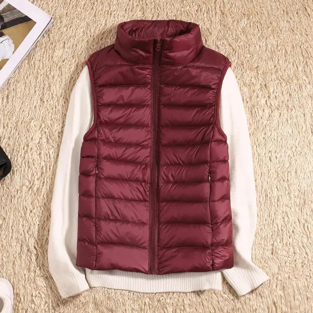 Women's Stand-Collar Zip-Front Casual Gilet in Burgundy