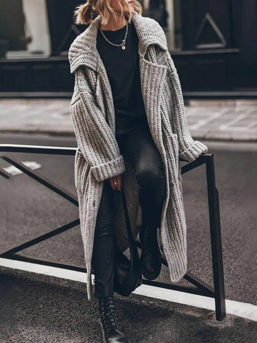 Women's Longline Lapel Casual Cardigan in Grey