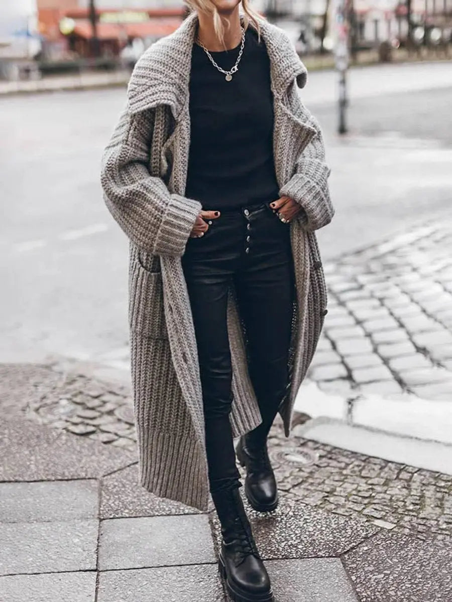 Women's Longline Lapel Casual Cardigan in Grey