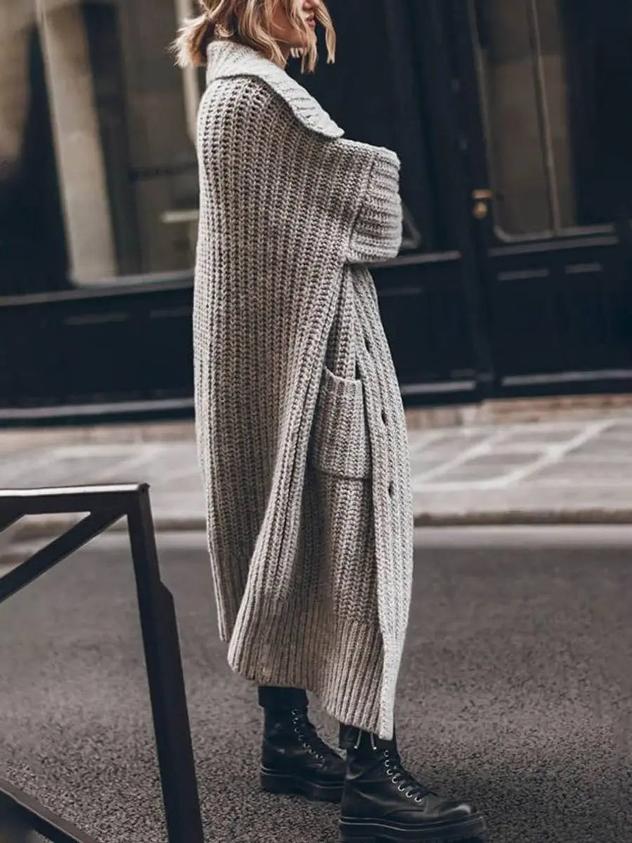 Women's Longline Lapel Casual Cardigan in Grey
