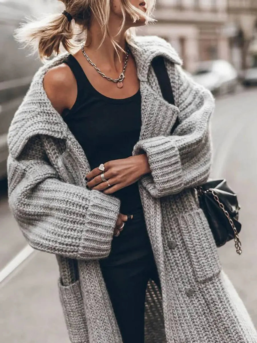 Women's Longline Lapel Casual Cardigan in Grey