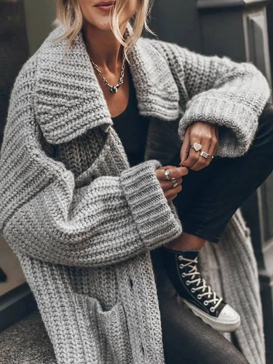 Women's Longline Lapel Casual Cardigan in Grey