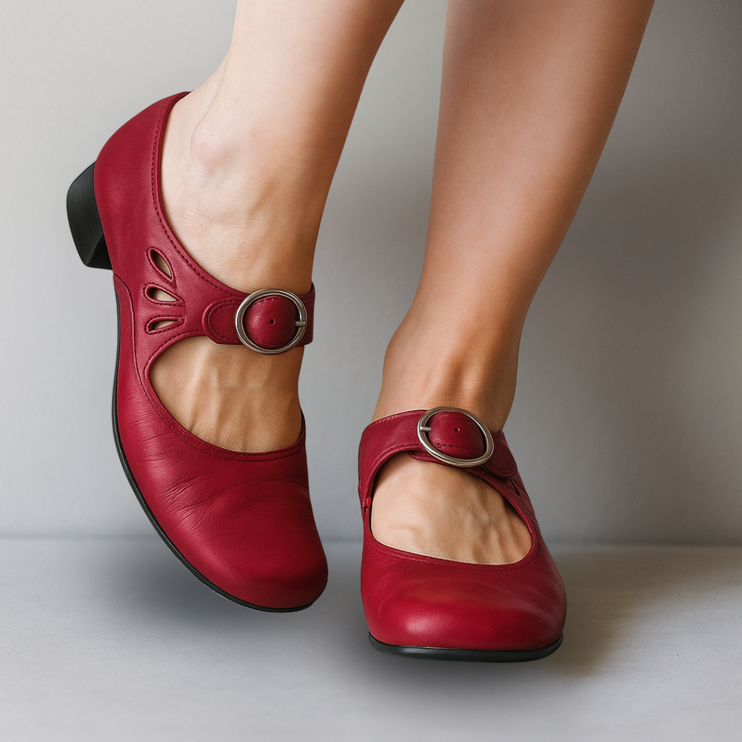 Mary Jane Buckle-Strap Casual Heels in Red