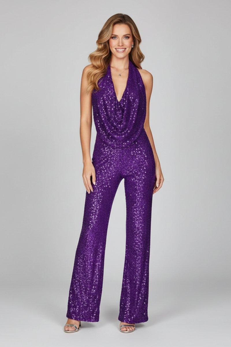 Cowl Neck Halter Evening Jumpsuit in Purple