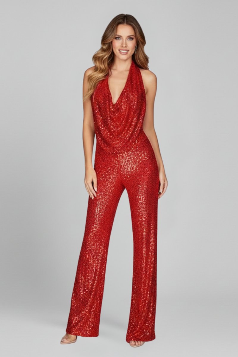 Cowl Neck Halter Evening Jumpsuit in Red
