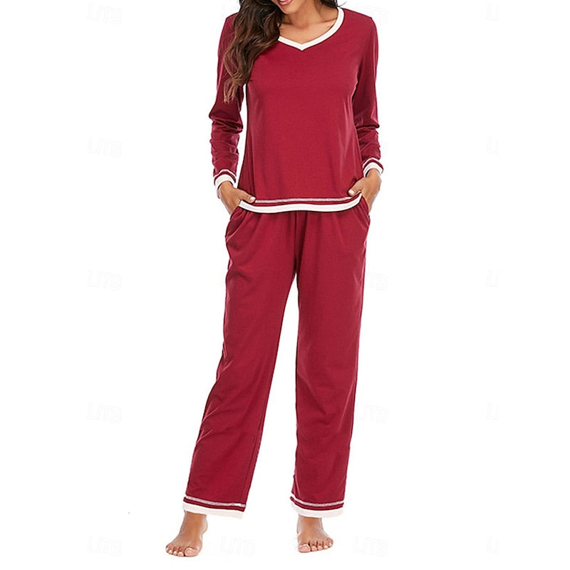 Women's Contrast-Trim V-Neck Casual Pyjamas in Burgundy