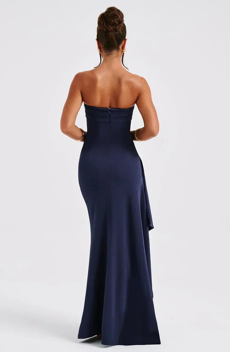 Ruched Strapless Evening Maxi Dress in Navy