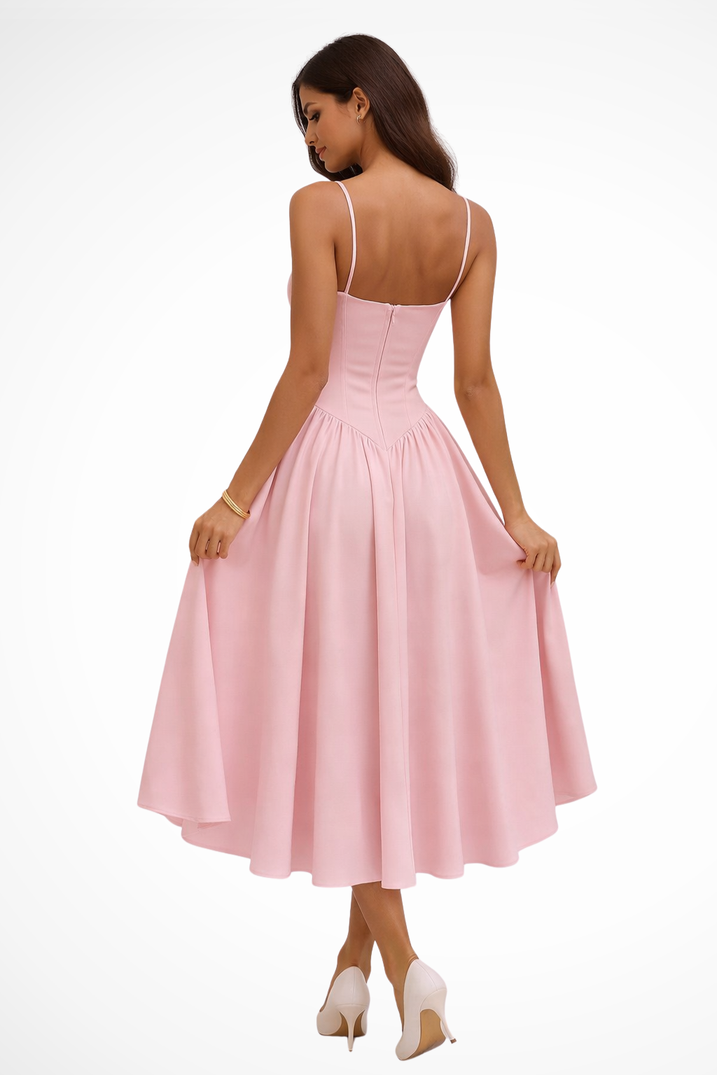Corset Bodice Evening Midi Dress in Light Pink