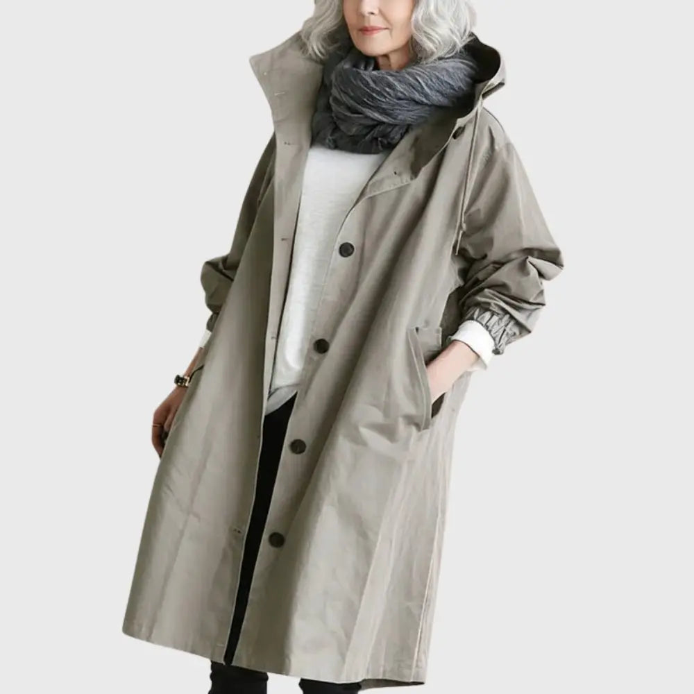 Women's Hooded Button-Front Casual Coat in Taupe