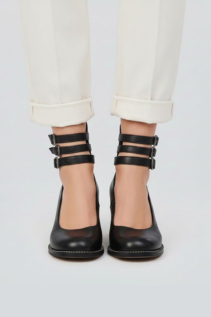 Orthopaedic Triple-Strap Casual Heels in Black