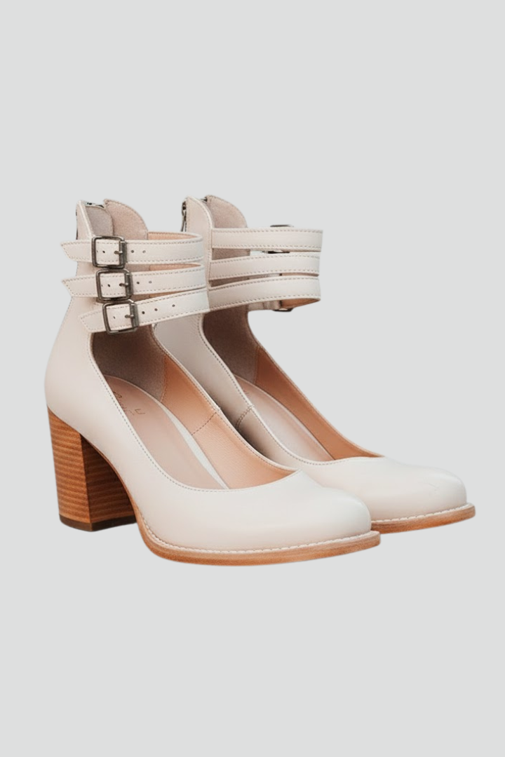 Orthopaedic Triple-Strap Casual Heels in Cream