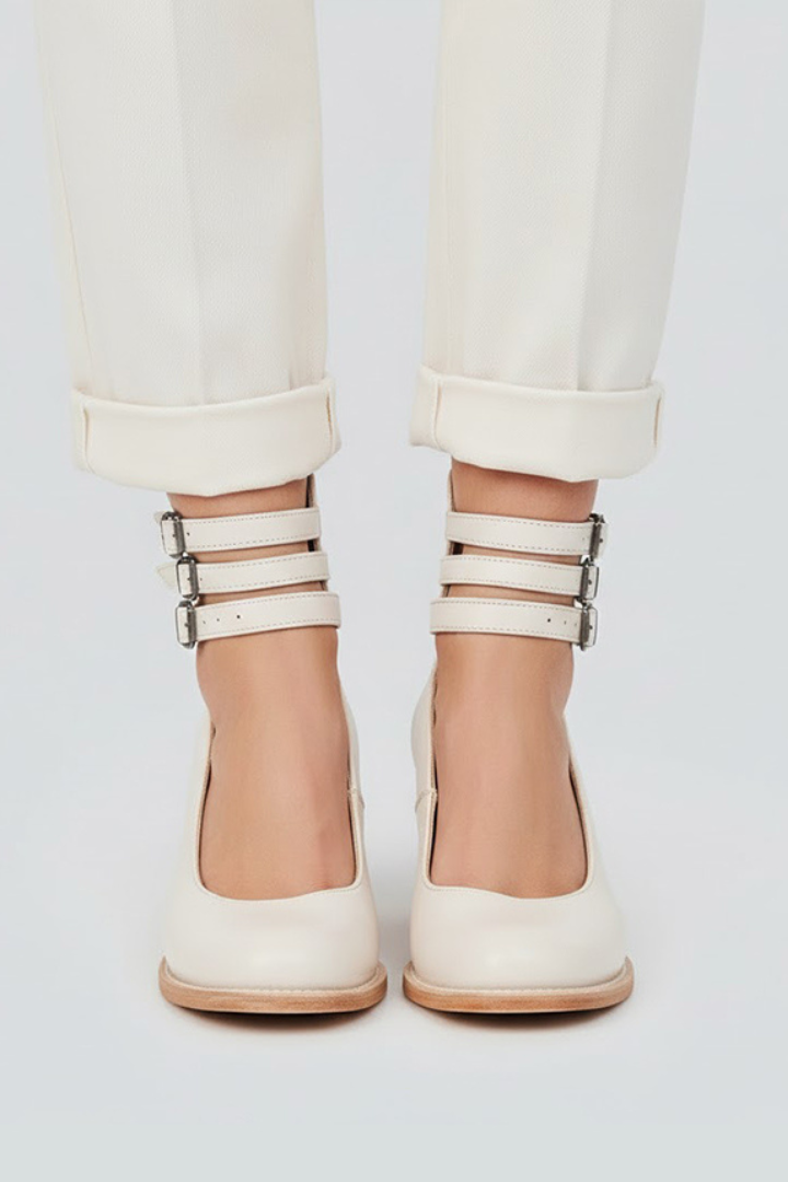 Orthopaedic Triple-Strap Casual Heels in Cream