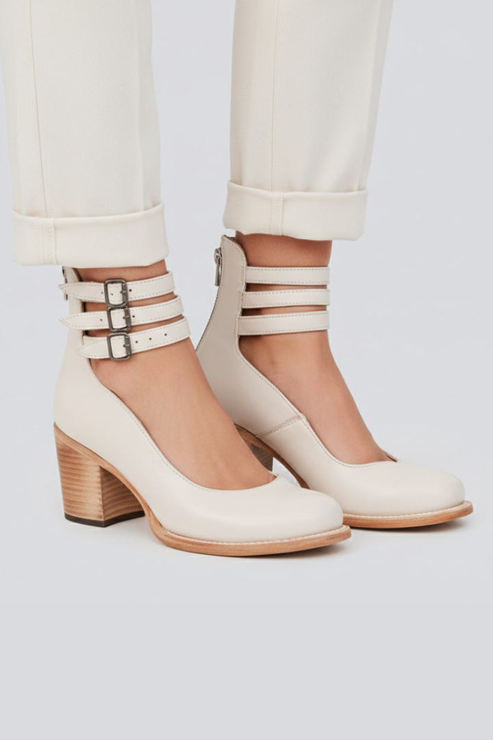 Orthopaedic Triple-Strap Casual Heels in Cream